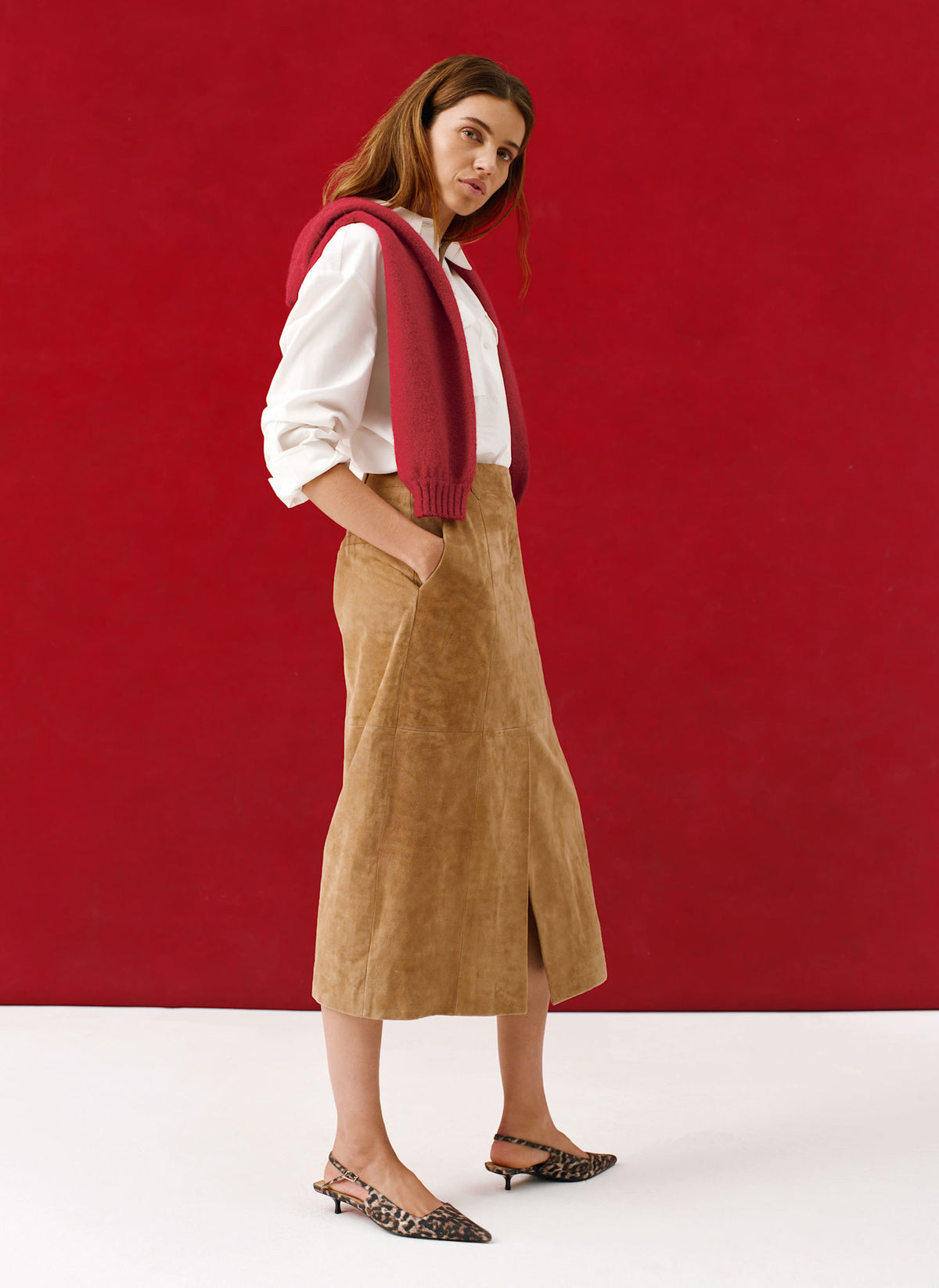 Neutral Suede Midi Skirt