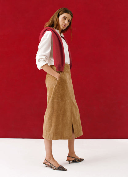 Neutral Suede Midi Skirt