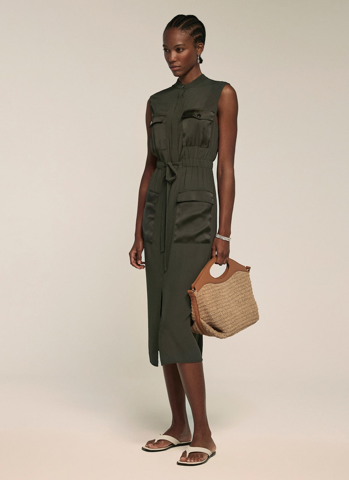 Khaki Satin Mix Utility Shirt Dress