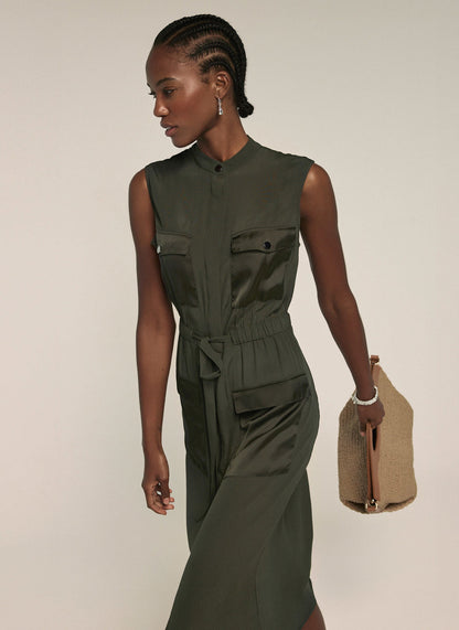 Khaki Satin Mix Utility Shirt Dress