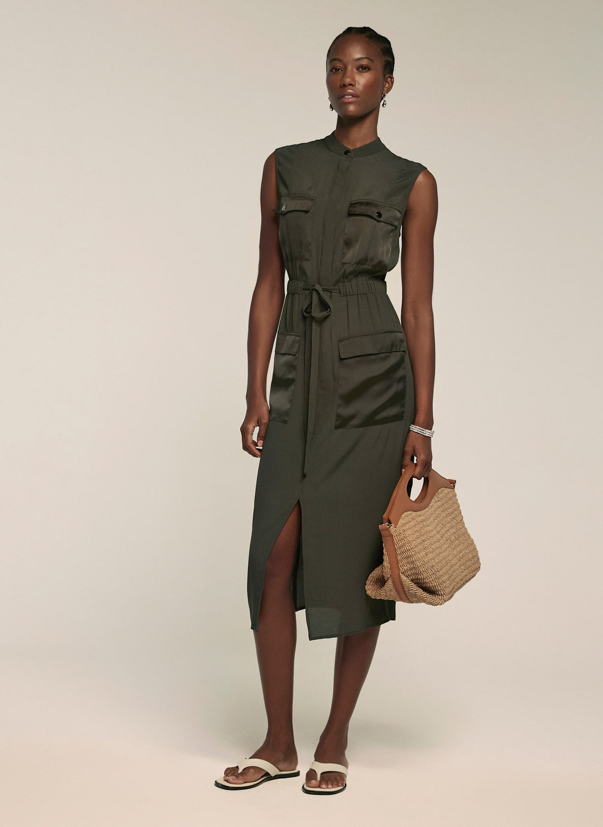 Khaki Satin Mix Utility Shirt Dress