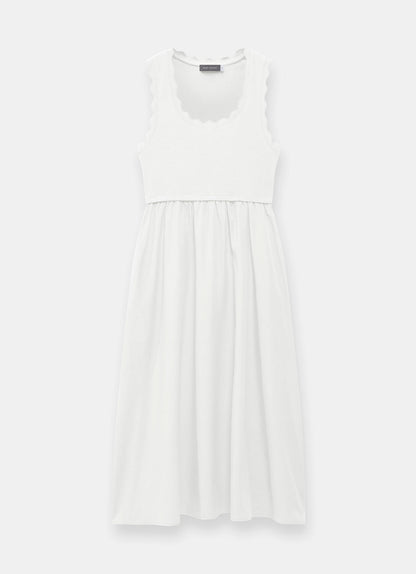 White Scallop Trim Midi Dress