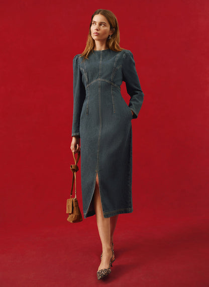 Dark Indigo Denim Puff Sleeve Midi Dress