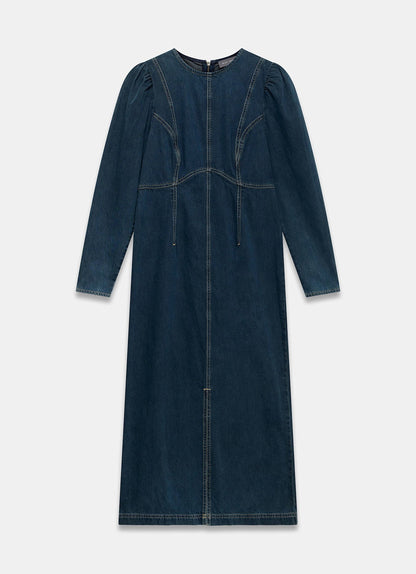 Dark Indigo Denim Puff Sleeve Midi Dress
