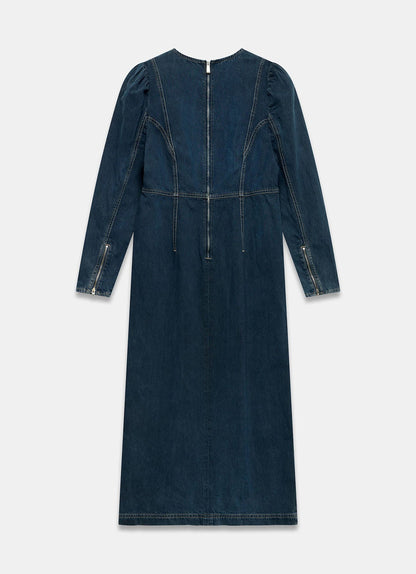 Dark Indigo Denim Puff Sleeve Midi Dress