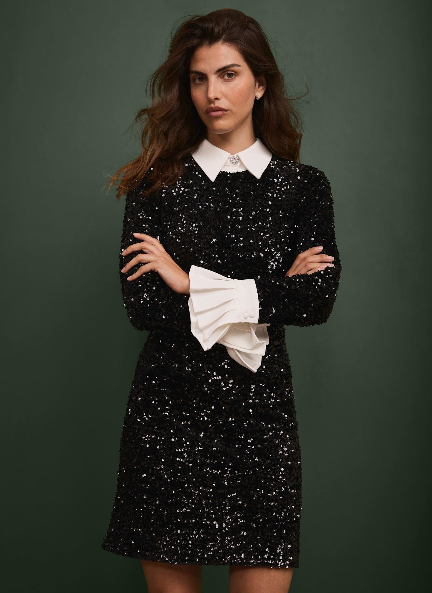Black Sequin Mini Shirt Dress