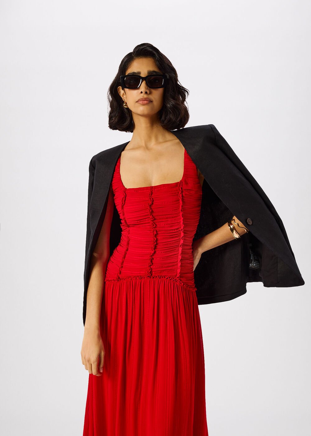 Red Shirred Bodice Dress