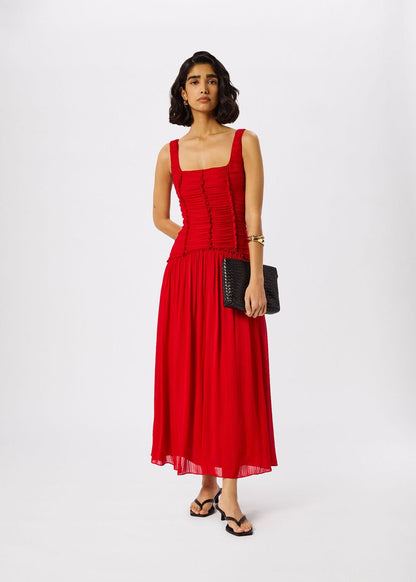 Red Shirred Bodice Dress