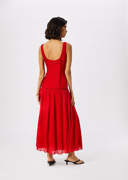 Red Shirred Bodice Dress