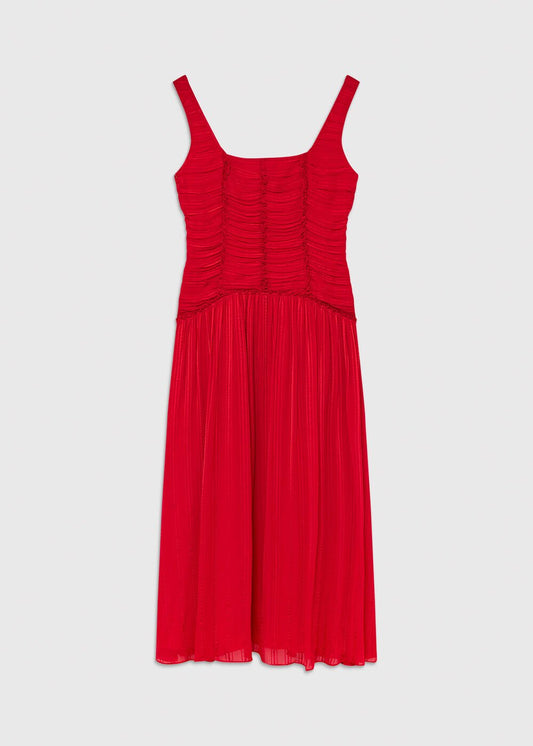 Red Shirred Bodice Dress