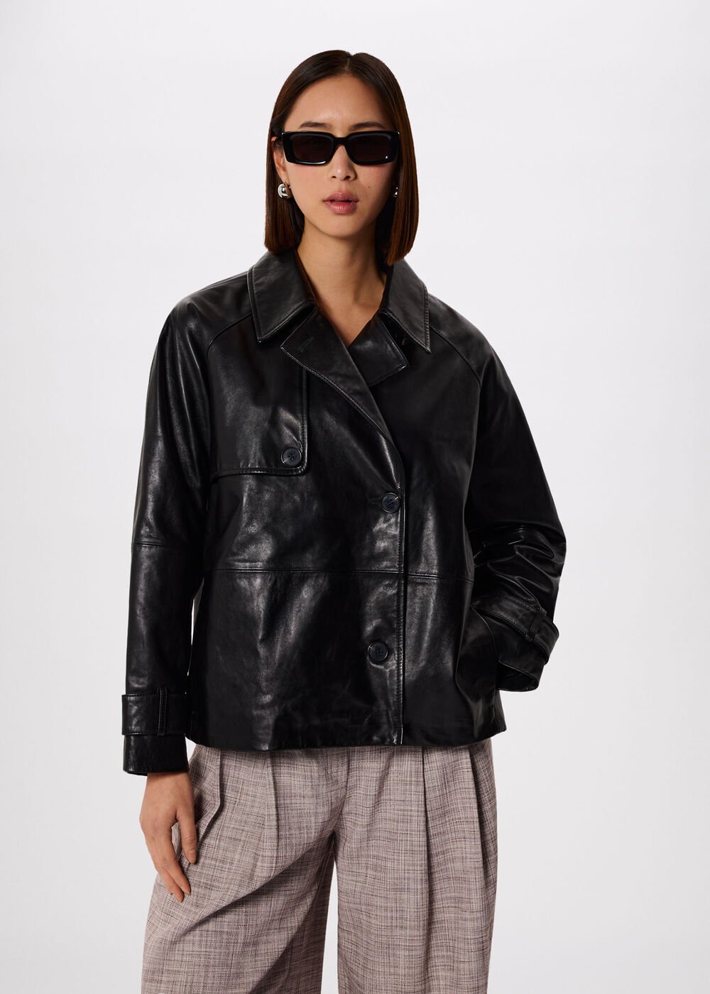 Black Short Leather Trench