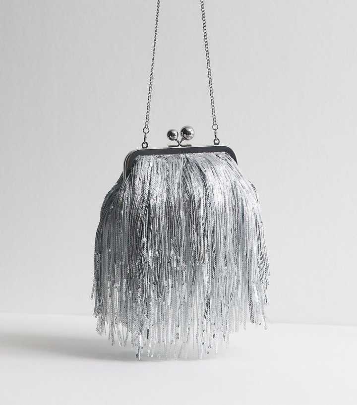 Silver Fringe Sequin Clutch Bag
