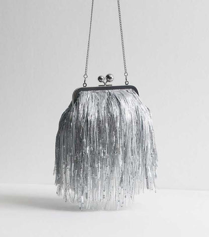 Silver Fringe Sequin Clutch Bag