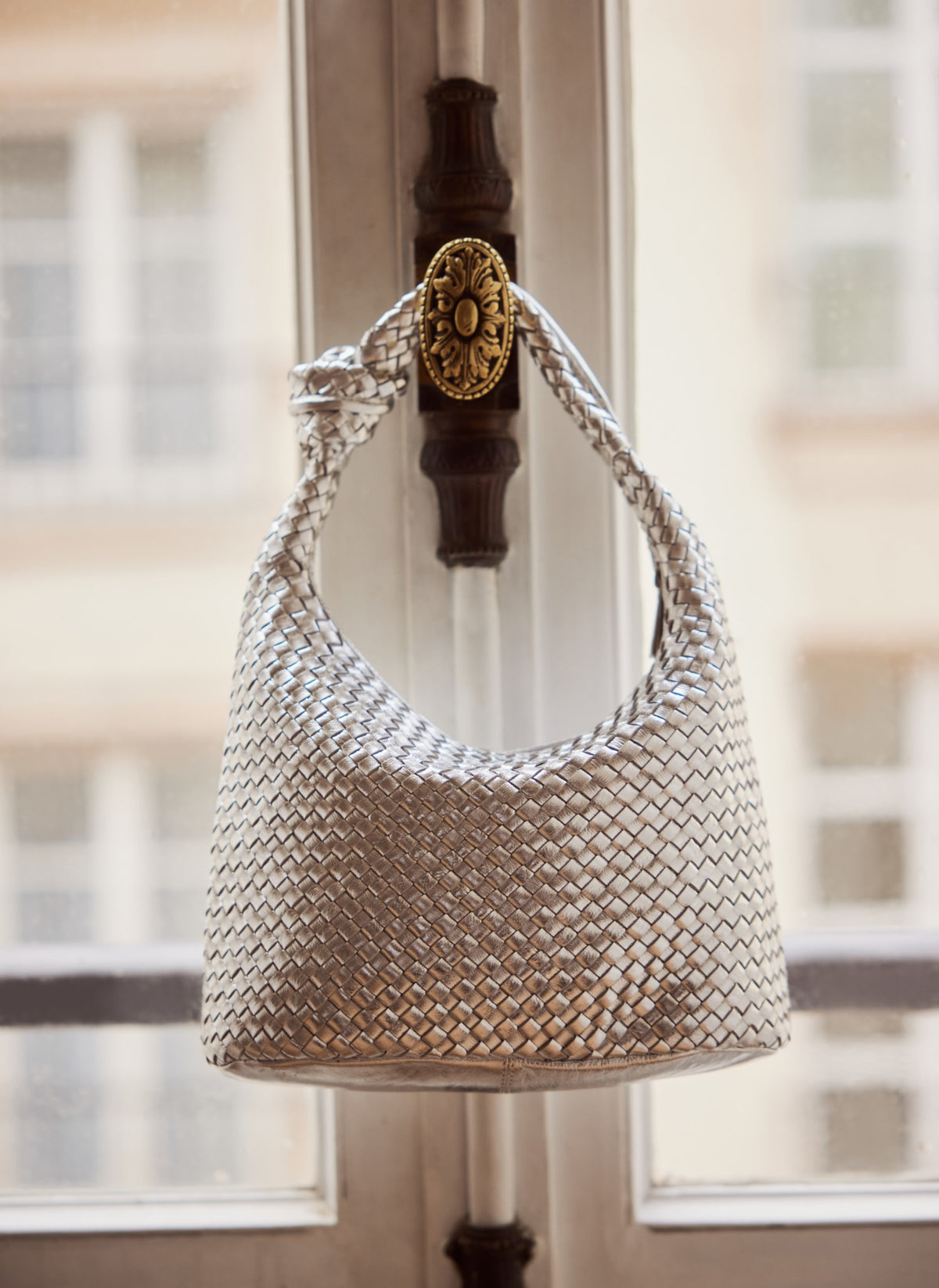 Silver Leather Woven Bag