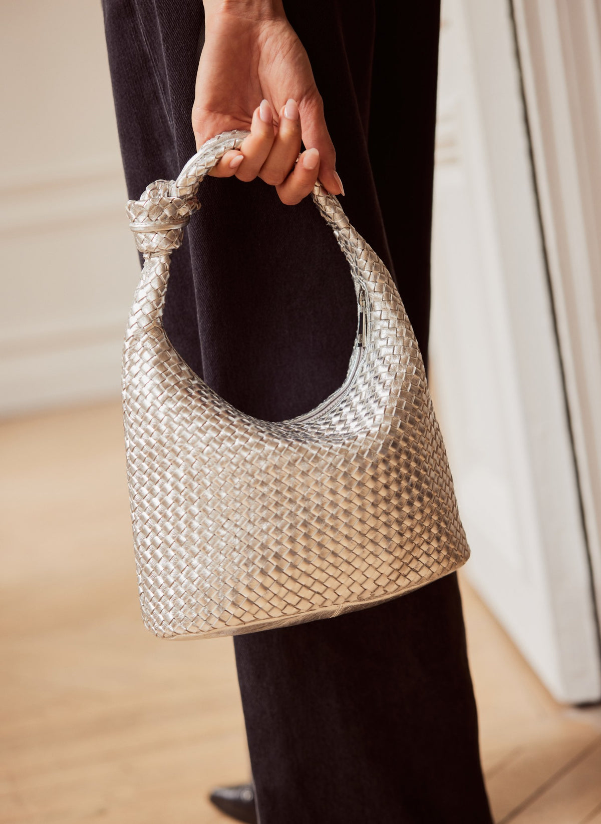 Silver Leather Woven Bag