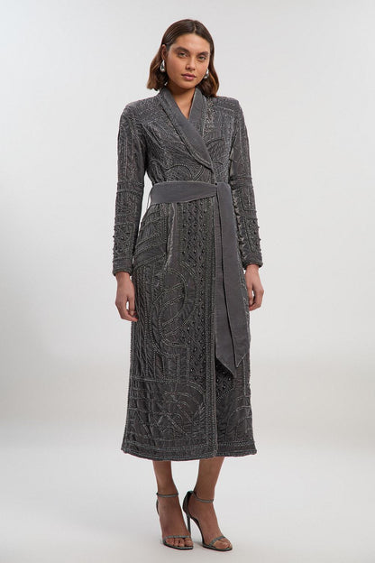 Velvet Embellished Woven Maxi Blazer Dress