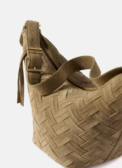Stevie Khaki Suede Woven Sling Bag
