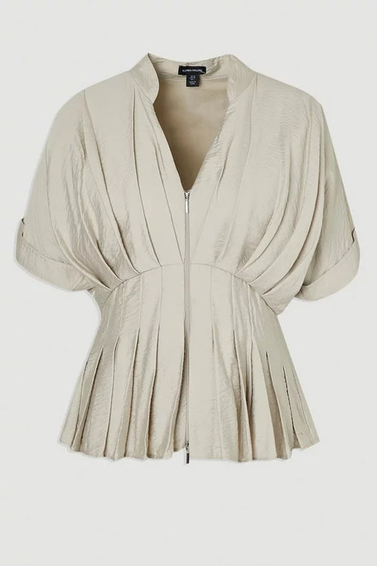 Pleated Neck Tie Detail Woven Short Sleeve Shirt