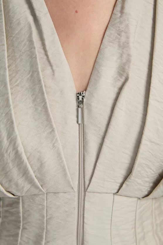Pleated Neck Tie Detail Woven Short Sleeve Shirt