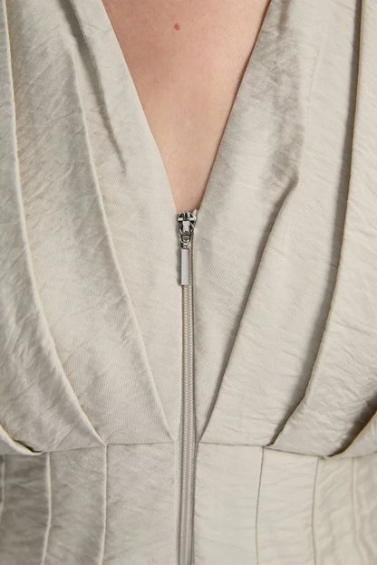 Pleated Neck Tie Detail Woven Short Sleeve Shirt