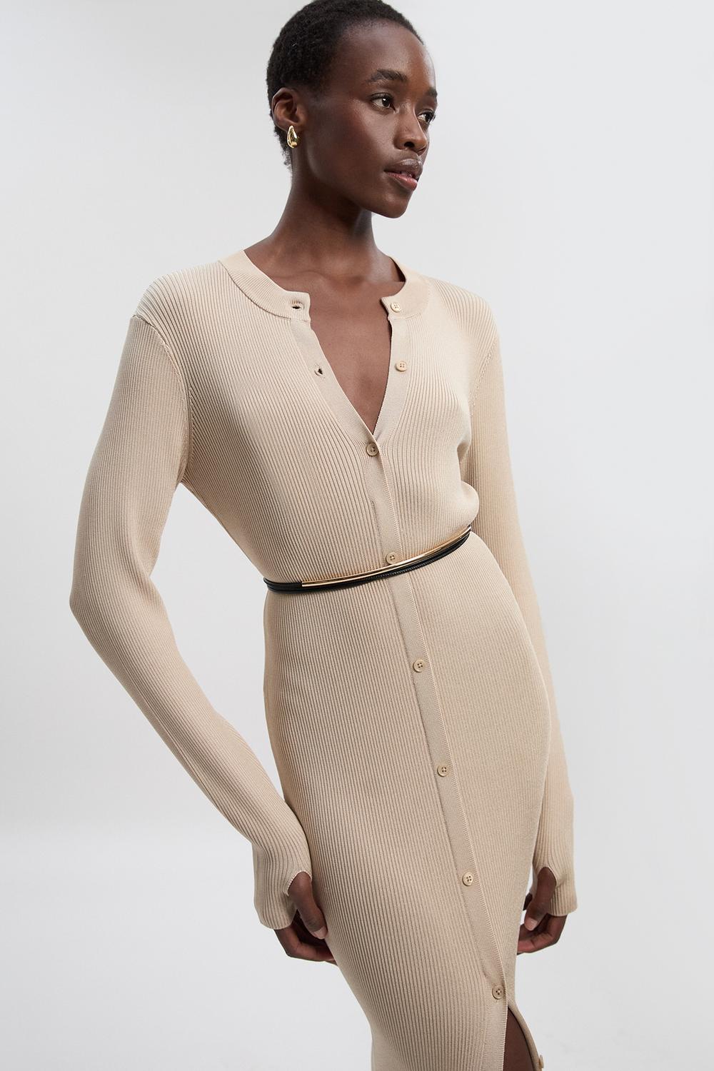 Premium Slinky Ribbed Knit Button Through Maxi Dress