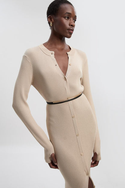 Premium Slinky Ribbed Knit Button Through Maxi Dress