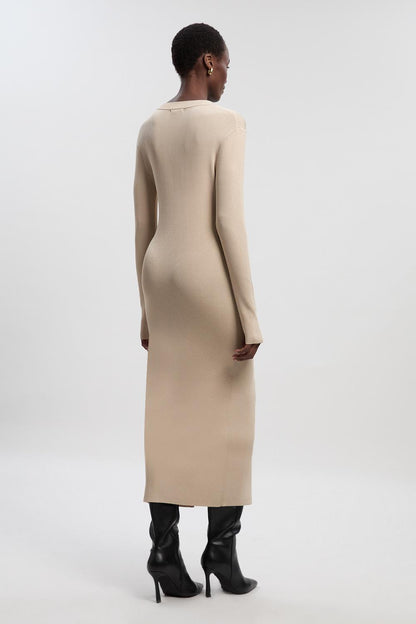 Premium Slinky Ribbed Knit Button Through Maxi Dress