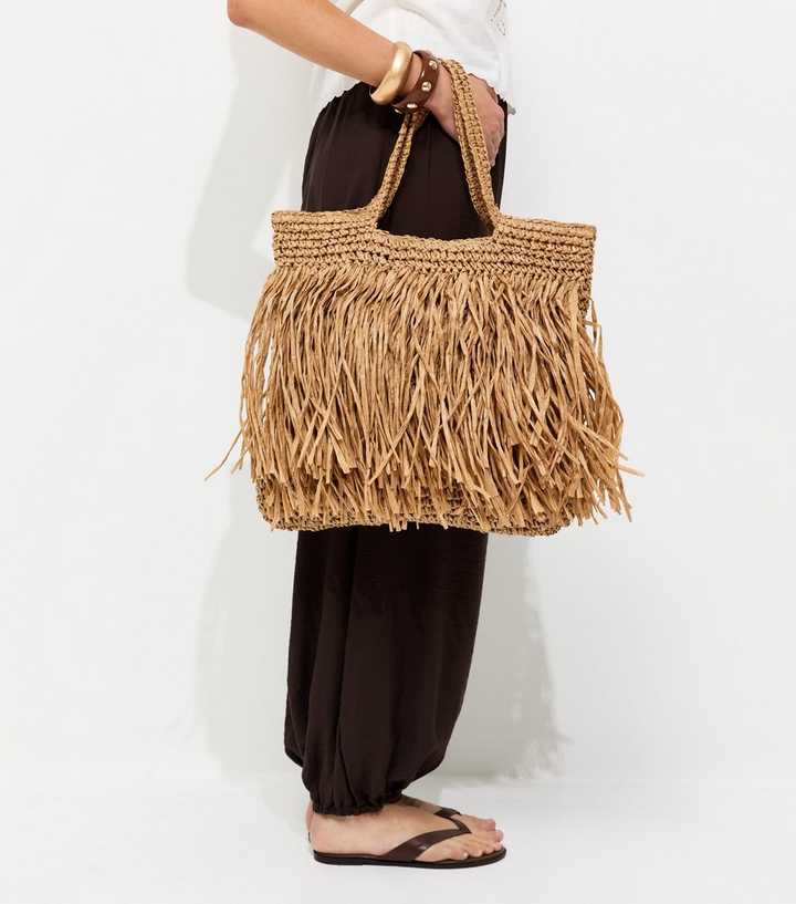 Stone Woven Fringe Tote Bag
