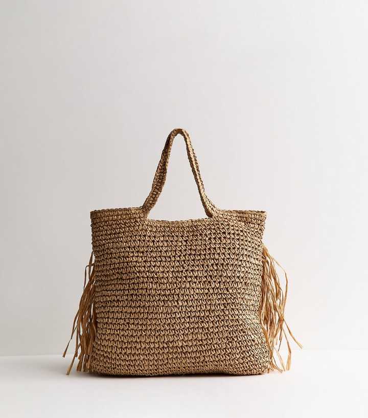 Stone Woven Fringe Tote Bag