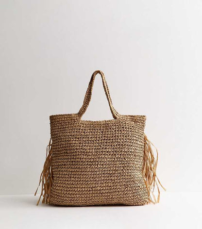 Stone Woven Fringe Tote Bag