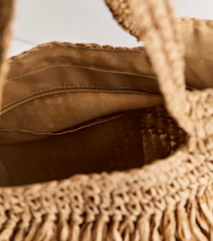 Stone Woven Fringe Tote Bag