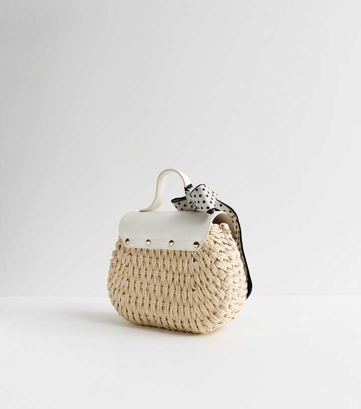 Stone Woven Wicker Crossbody Bag with Scarf