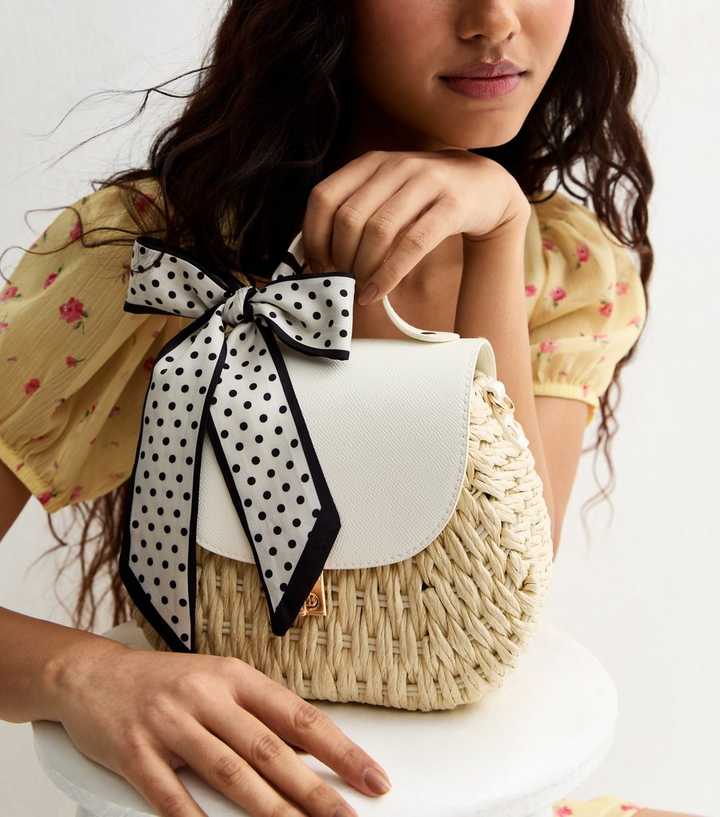 Stone Woven Wicker Crossbody Bag with Scarf