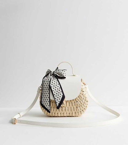 Stone Woven Wicker Crossbody Bag with Scarf