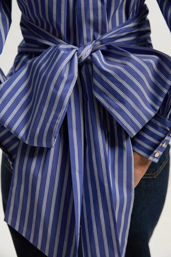 Stripe Cotton Poplin Drama Sleeve Woven Wrap Detail Blouse