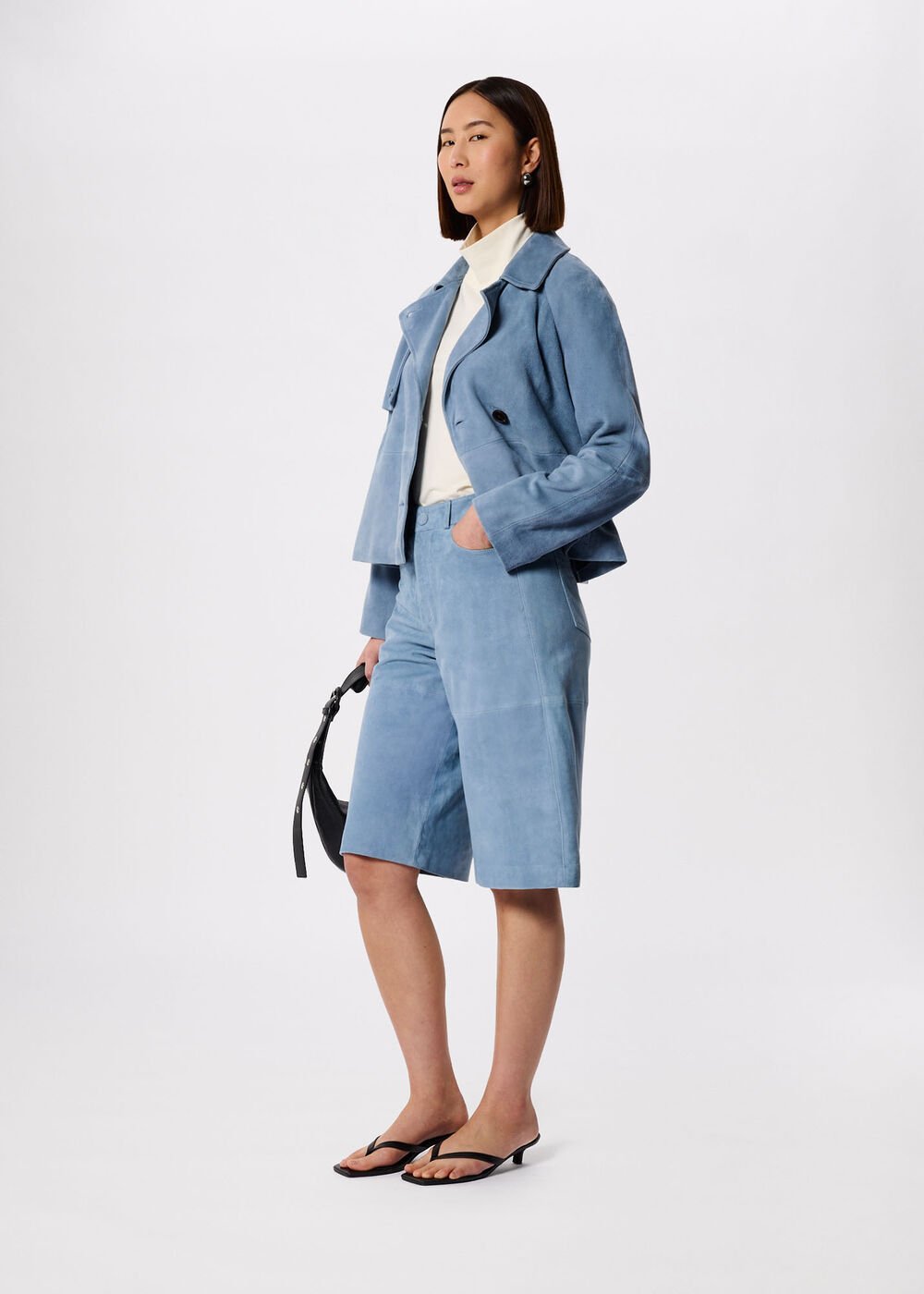 Blue Suede Short Trench Jacket