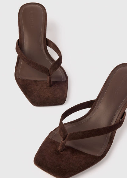 Chocolate Suede Toe Post Heeled Mule