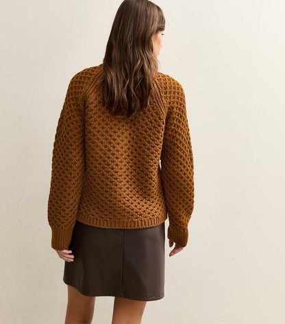 Tan Chunky Crew Neck Cardigan