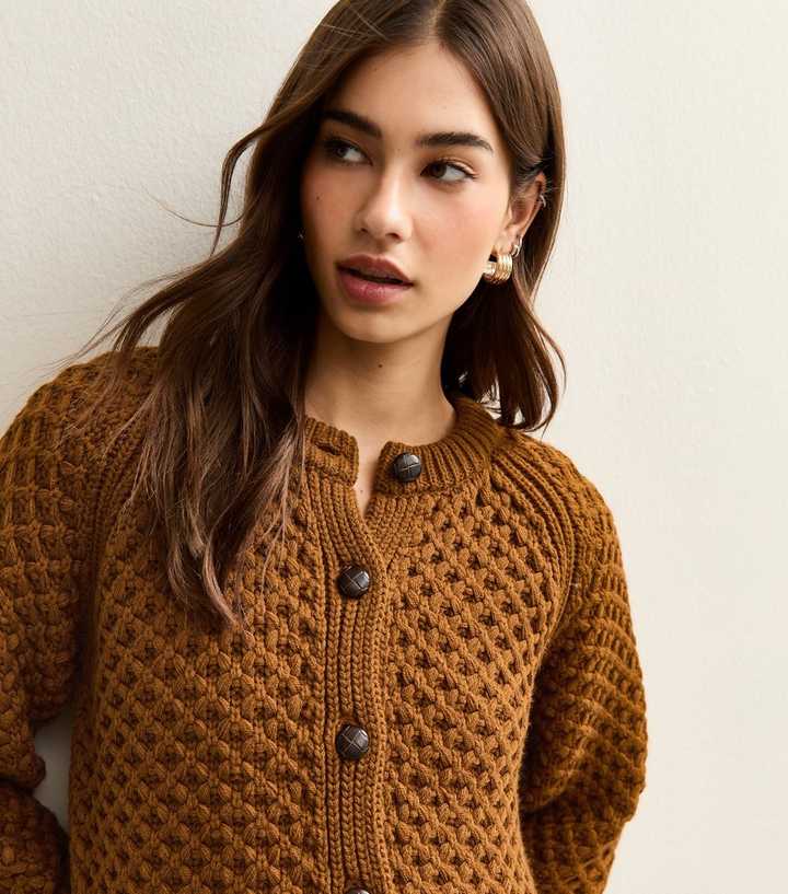 Tan Chunky Crew Neck Cardigan