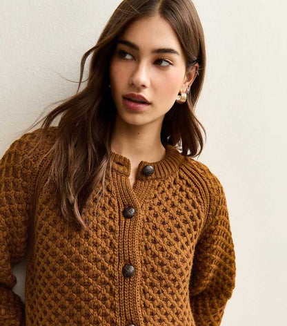 Tan Chunky Crew Neck Cardigan