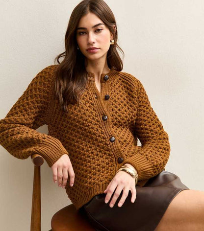 Tan Chunky Crew Neck Cardigan