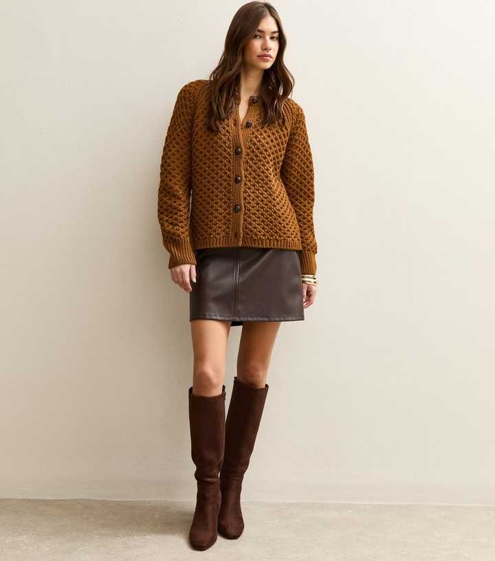 Tan Chunky Crew Neck Cardigan