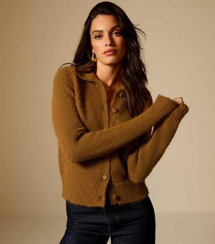 Tan Faux Fur Collar Cardigan