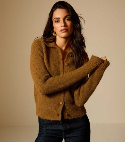 Tan Faux Fur Collar Cardigan