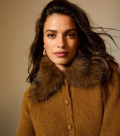 Tan Faux Fur Collar Cardigan