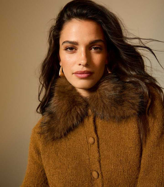 Tan Faux Fur Collar Cardigan