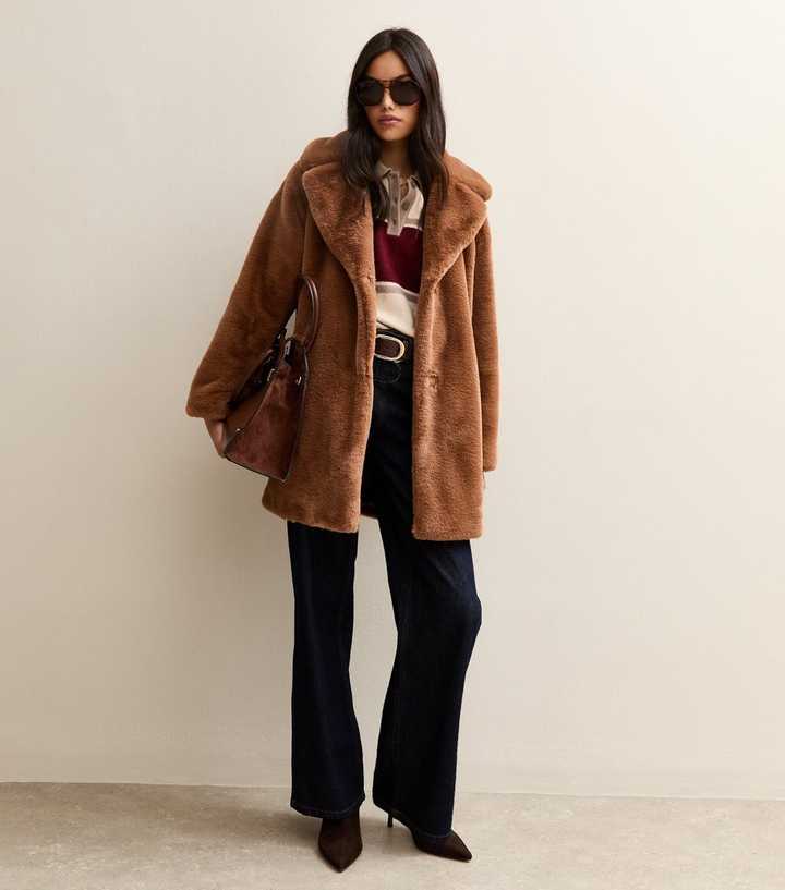 Tan Faux Fur Midi Coat