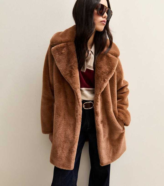 Tan Faux Fur Midi Coat