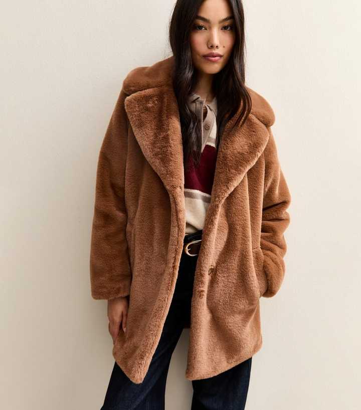 Tan Faux Fur Midi Coat