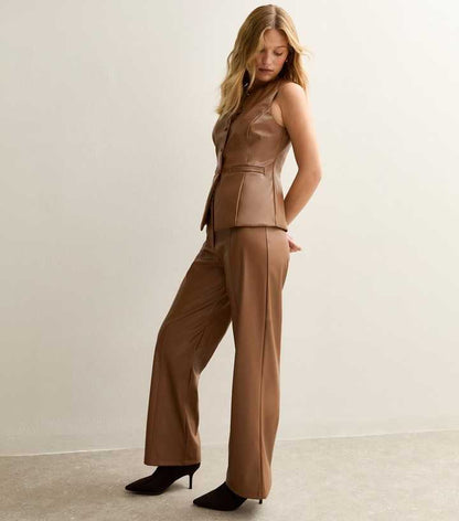 Tan Faux Leather Wide Leg Trousers
